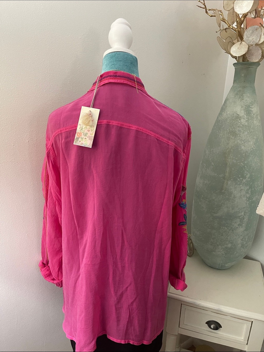 Johnny Was Hot Pink Embroidered Button-Down Shirt - Picture 6 of 11
